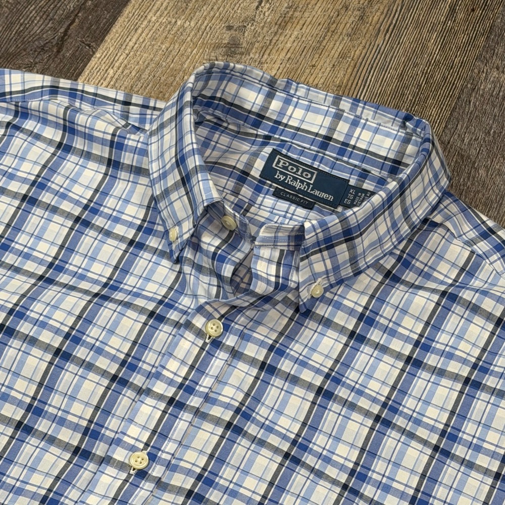 Polo Ralph Lauren Mens XL Classic Fit Blue White Plaid Button Down Shirt Cotton - Picture 3 of 7